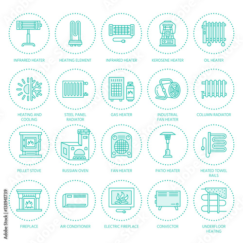 Oil heater, fireplace, convector, panel column radiator and other house heating appliances line icons. Home warming thin linear pictogram such as kotatsu, Russian oven. Equipment store signs.