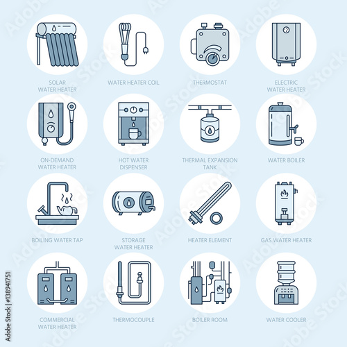 Water heater, boiler, thermostat, electric, gas, solar heaters and other house heating equipment line icons. Thin linear pictogram with editable strokes for hardware store. Household appliances signs.