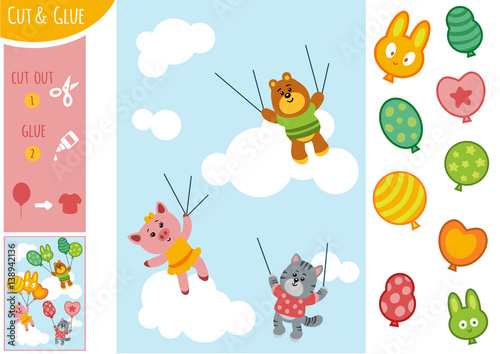 Education paper game for children, animals and balloons