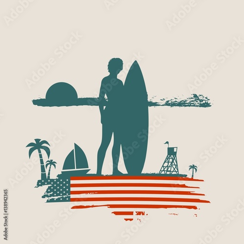Woman posing with surfboard on grunge brush stroke. Monochrome silhouette. Vector illustration. Vintage Surfing Graphic and Emblem. Palm and lifeguard tower on backdrop. Flag of the USA