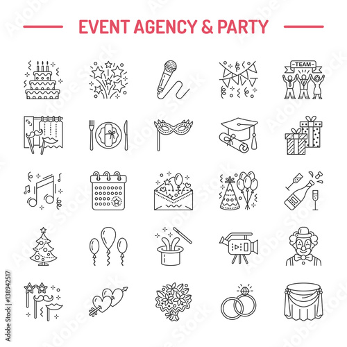 Event agency, wedding organization vector line icon. Party service - catering, birthday cake, balloon decoration, flower delivery, invitation, clown. Thin linear sign of corporate party, team building