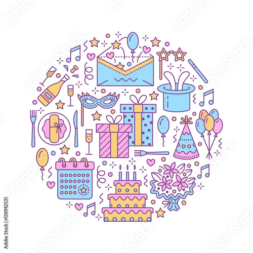 Event agency, birthday party banner with vector line icon of catering, birthday cake, balloon decoration, flower delivery, invitation card, magician. Thin linear sign of party organization service.