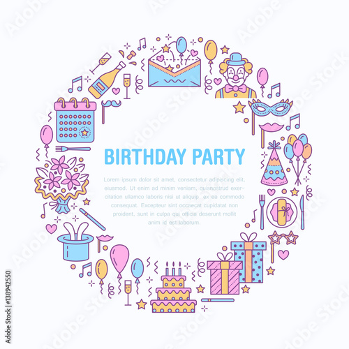 Event agency, birthday party banner with vector line icon of catering, birthday cake, balloon decoration, flower delivery, invitation card, clown. Thin linear sign of party organization service.