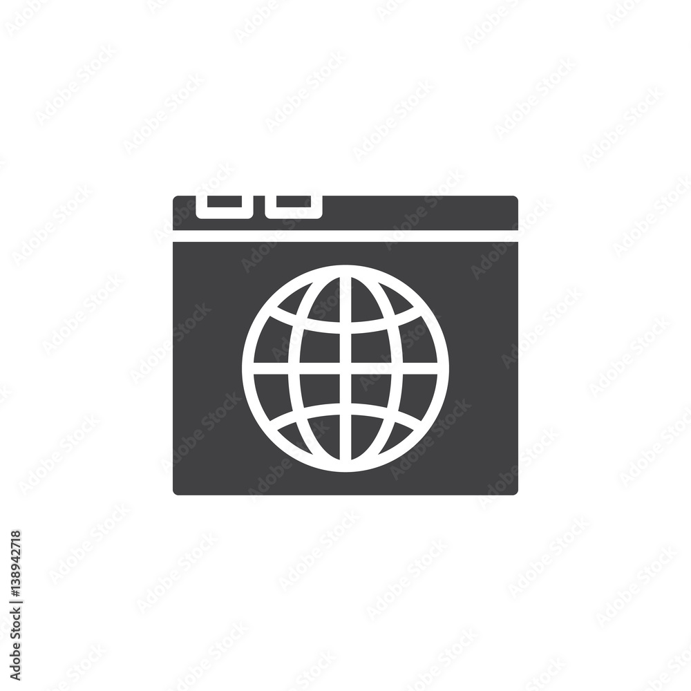 Browser and globe icon vector, filled flat sign, solid pictogram isolated on white. Internet symbol, logo illustration. Pixel perfect Browser and globe icon vector, filled flat sign, solid pictogram isolated on white. Internet symbol, logo illustration. Pixel perfect
