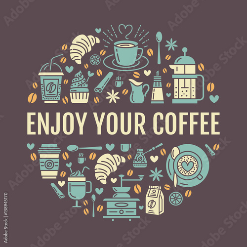 Coffee making poster template. Brewing vector line icon, circle illustration for menu. Elements - coffeemaker, french press, coffee grinder, espresso, croissant, cupcake.