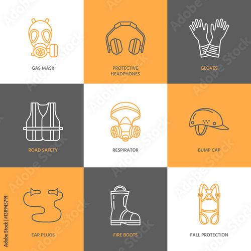 Personal protective equipment line icons. Gas mask, headphones, respirator, bump cap, ear plugs and safety work garment. Health protection thin linear signs.
