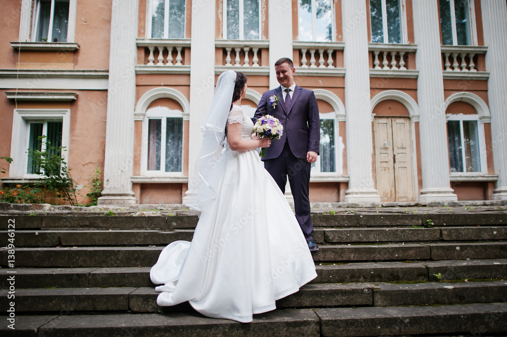 Solid wedding couple background old building with columns. Solid wedding couple background old building with columns.
