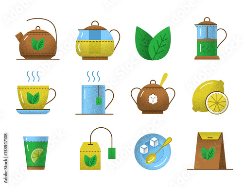 Set of tea icons retro texture. Pictogram collection with kettle and cup, teapot and glass, leaf of mint, nature beverage, sugar and spoon, teabag, lemon and paper package.