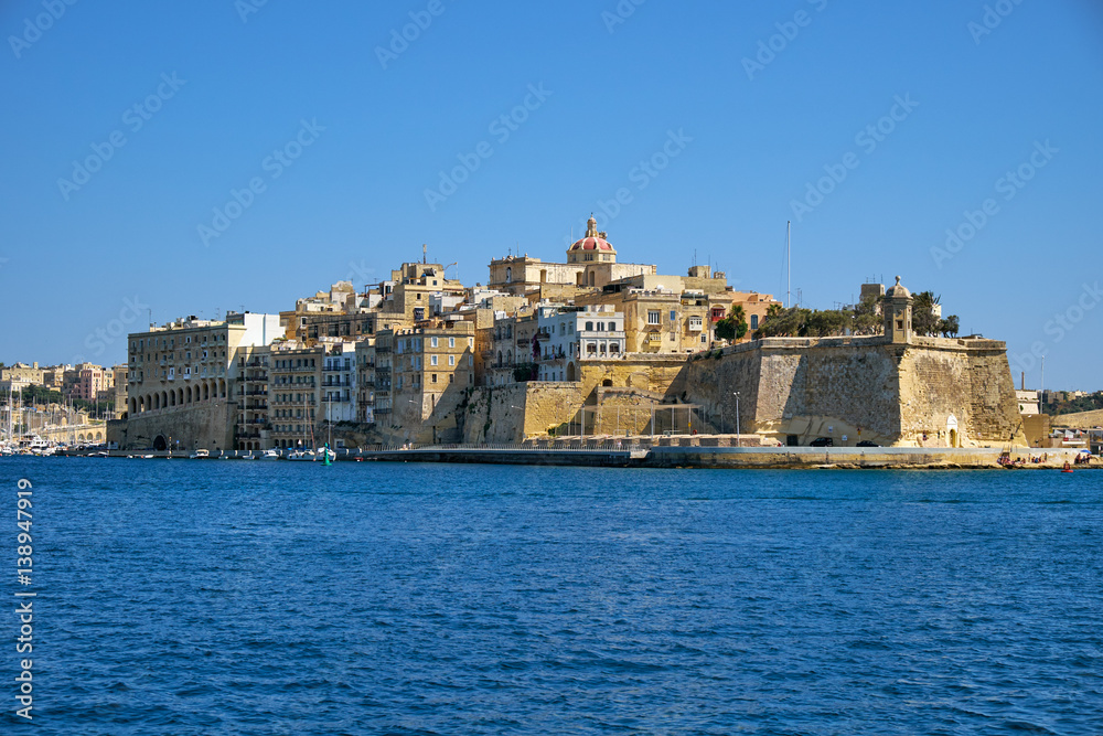 The view of Senglea (L-isla) peninsula from the waterfront of Valletta. Malta