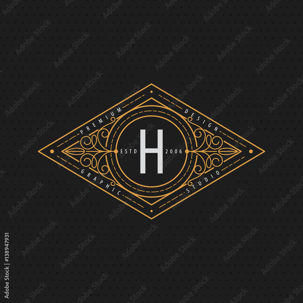 luxury golden linear monogram minimal geometric vintage hipster   vector frame , template for your  logo badge,label or crest