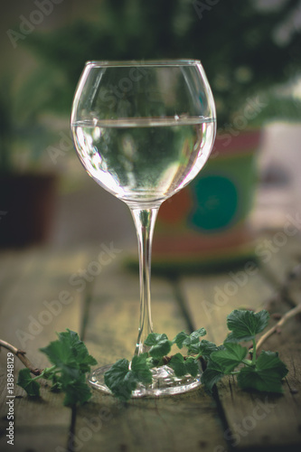 A glass of water on the flowers and plants against