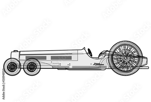 Overly long car looks like limousine. Ancient car with six wheels made in contour lines. Black and white outlined car isolated on white background. Historical master vector illustration.