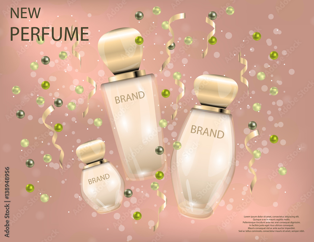 Glamorous perfume glass bottles on the  sparkling effects background.