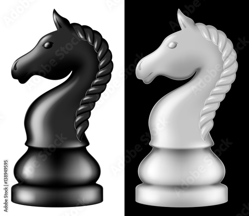 Chess piece Knight, two versions - white and black. Vector illustration.