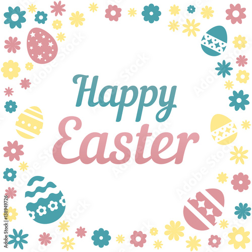 Colorful illustration with the title Happy Easter and flowers on white background.