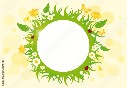 Spring fresh floral round frame vector illustration. Bright spring green floral empty border vector illustration
