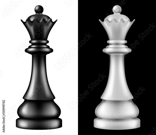 Chess piece Queen, two versions - white and black. Vector illustration.