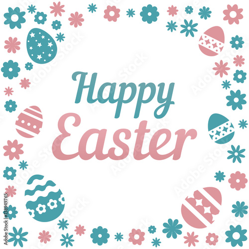 Colorful illustration with the title Happy Easter and flowers on white background.