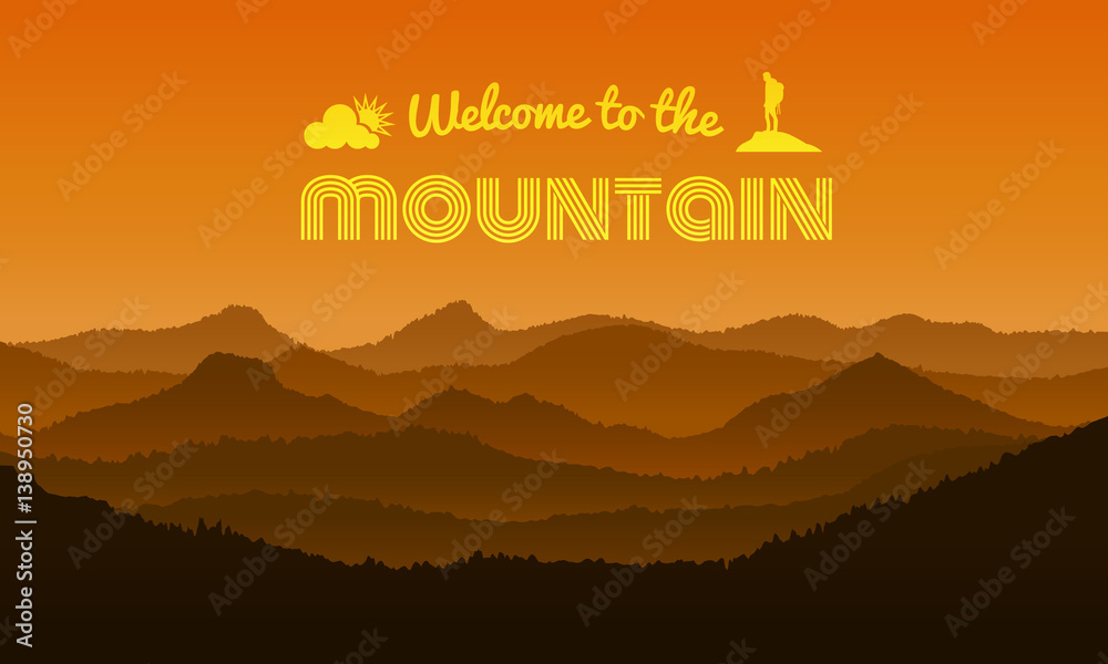welcome to the Mountain text on orange mountain layer abstract background vector design
