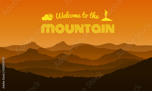 welcome to the Mountain text on orange mountain layer abstract background vector design