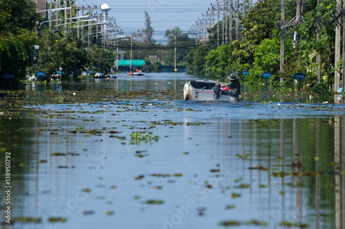 Transportation in flooding. Bangkok, Thailand.