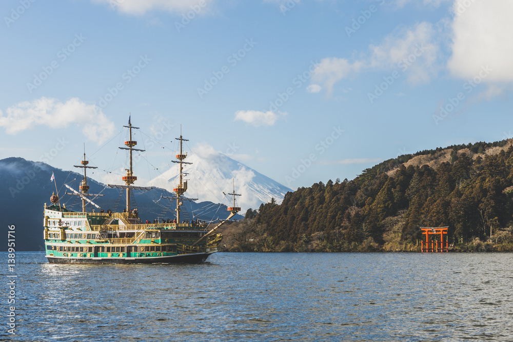Japan, Hakone, Tourist boats on Lake Ashi Mount Fuji in background Japan, Hakone, Tourist boats on Lake Ashi Mount Fuji in background