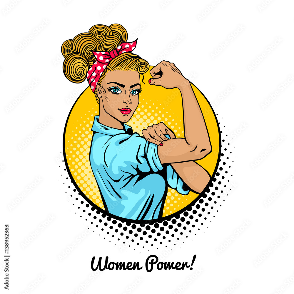 Women Power. Pop art sexy strong blonde girl in a circle on white  background. Classical american symbol of female power, woman rights,  protest, feminism. Vector illustration in retro comic style. Stock Vector