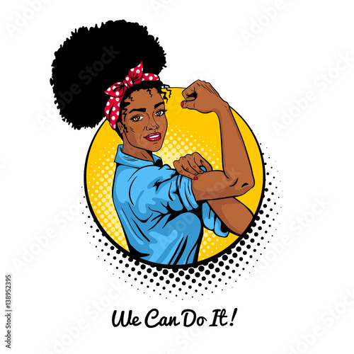 We can do it. Pop art sexy strong african girl in a circle on white background. Classical american symbol of female power, woman rights, protest, feminism. Vector illustration in retro comic style.