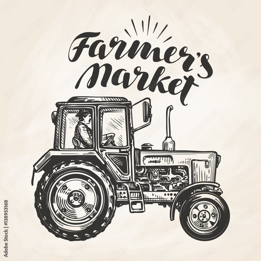 Farmer's market. Hand-drawn farmer rides on agricultural tractor, sketch. Farm, agriculture vector illustration