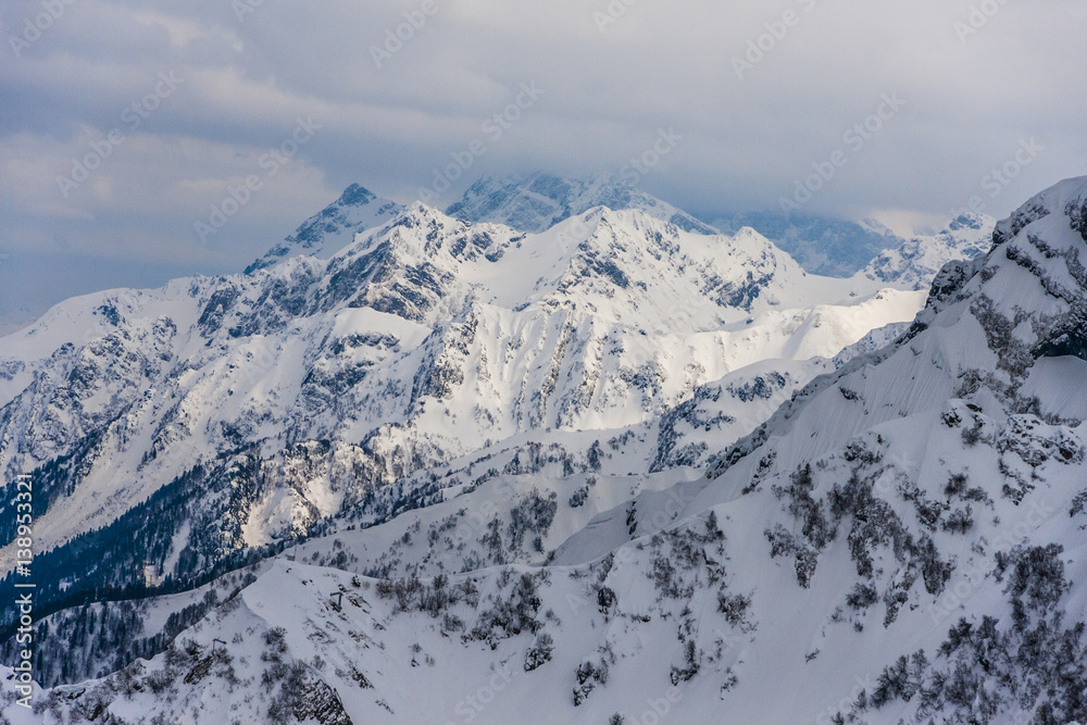 Sochi, Krasnaya Polyana, Caucasus mountains snowy peaks