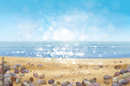 Vector ocean with blue sky and sandy beach and stones.