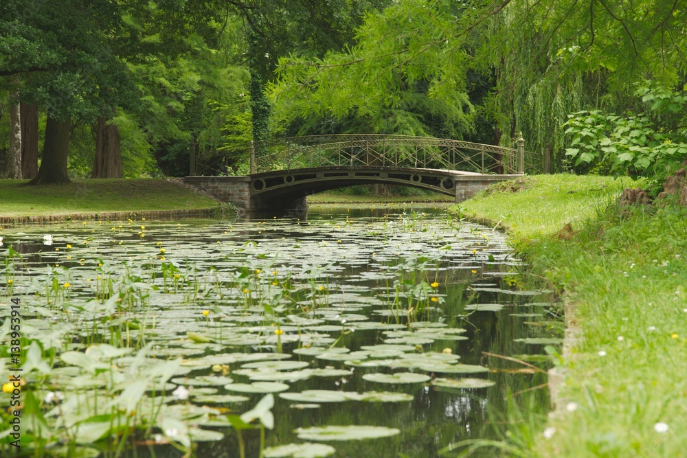 Beautiful bridge over the canal of the Schwerin Palace garden. Water landscape with yellow water lilies