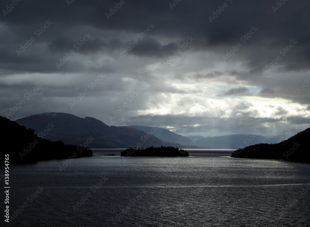 Dark storm rolling in over archipelago of islands