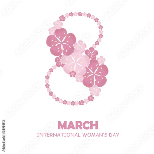 Congratulation card 8 March International Woman's Day, hand drawn painting pink sakura flowers on white, typography banner stock vector illustration