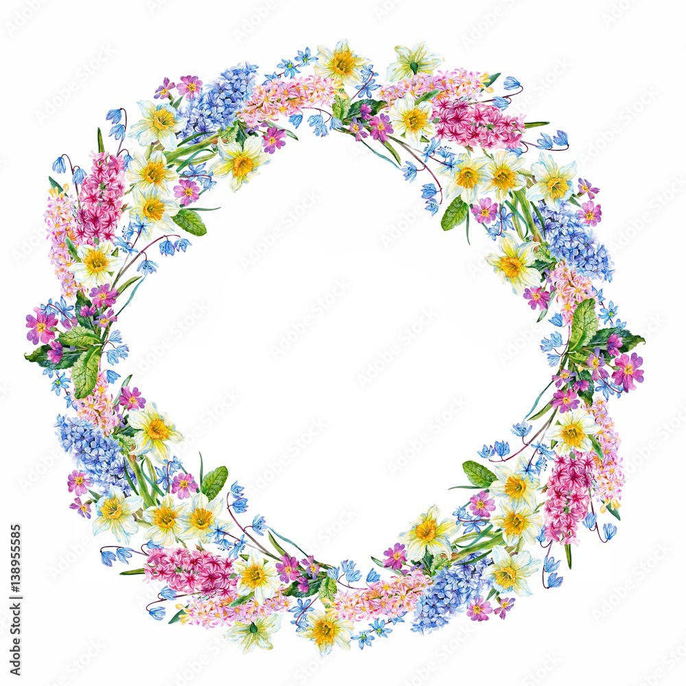 A wreath of spring flowers. Greeting card. Watercolor. A wreath of spring flowers. Greeting card. Watercolor.