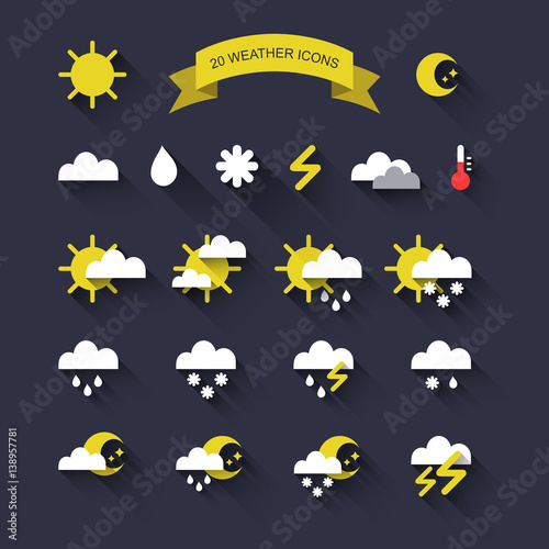 Vector set of twenty weather icons in trendy flat style.
