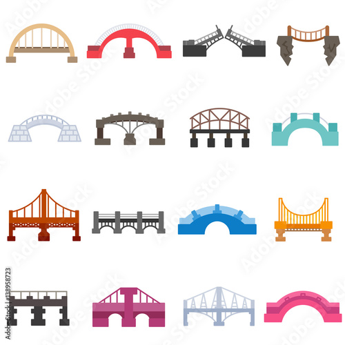 Bridges icons set. urban and suspension structure, isolated vector illustration