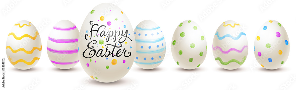 Row of painted easter eggs with various patterns and lettering - happy easter
