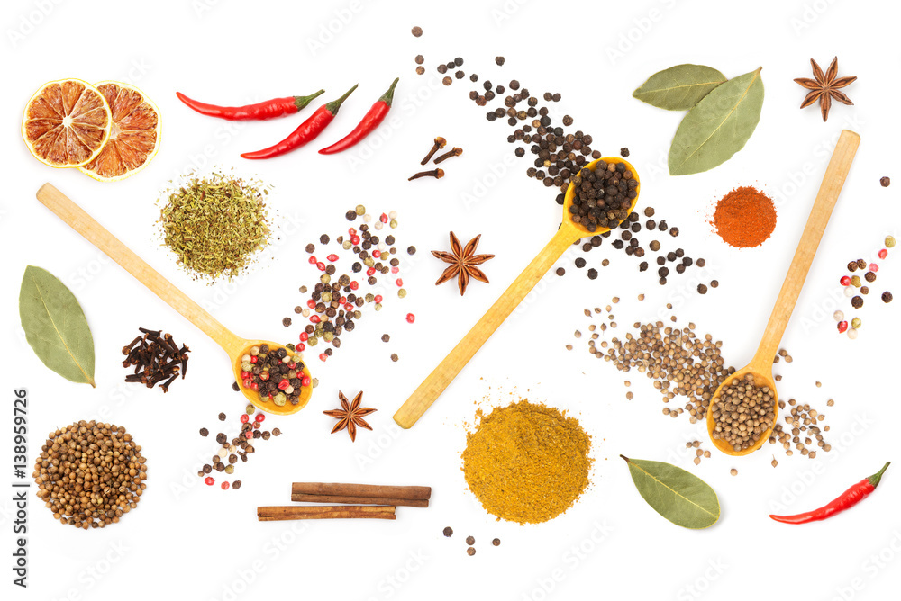 Colorful spices and herbs for cooking background and design isolated Stock  Photo | Adobe Stock