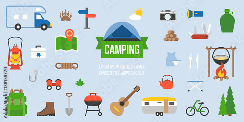 Camping equipment infographic , flat design icon