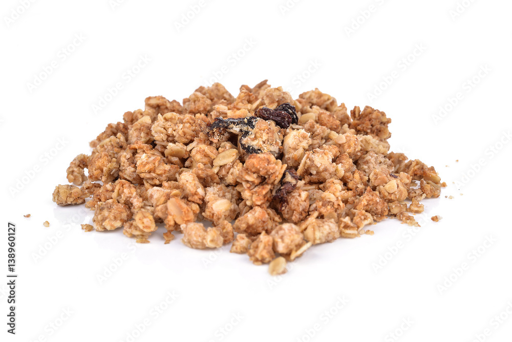 Crispy cereal with raisins and nuts isolated on white background. Crispy cereal with raisins and nuts isolated on white background.