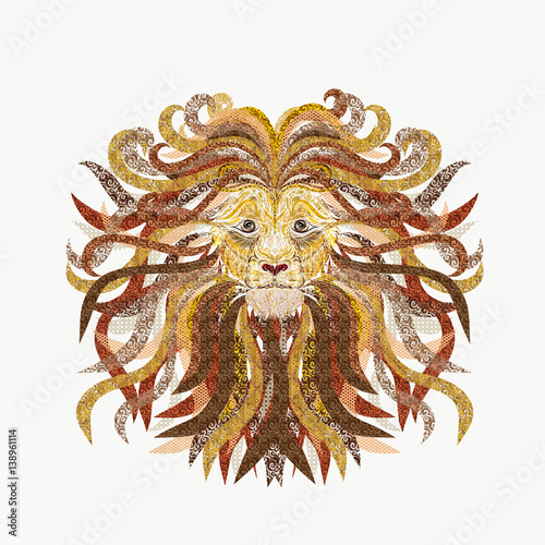 Creative illustration of a lion's head, painted smooth lines, with lush mane, filled with various patterns, design work