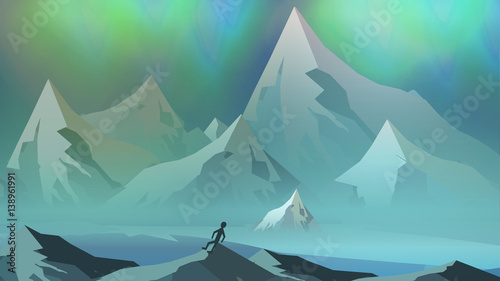 Mountains Landscape with Northern Aurora - Vector Illustration