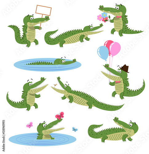 Crocodile Daily Activities Set. Cartoon Predator
