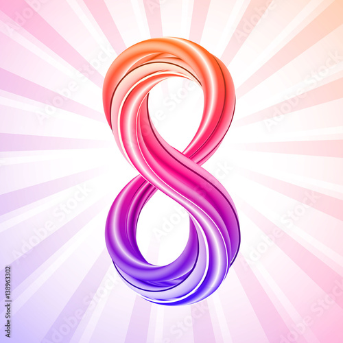 Colorful number eight icon, symbol of March 8. Rainbow colors, light rays background. Eighth anniversary, eight years, 8th grade, level 8. 