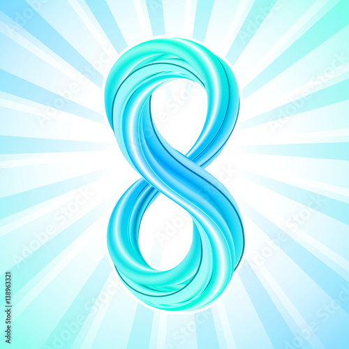 Colorful number eight icon, symbol of March 8. Rainbow colors, light rays background. Eighth anniversary, eight years, 8th grade, level 8. 
