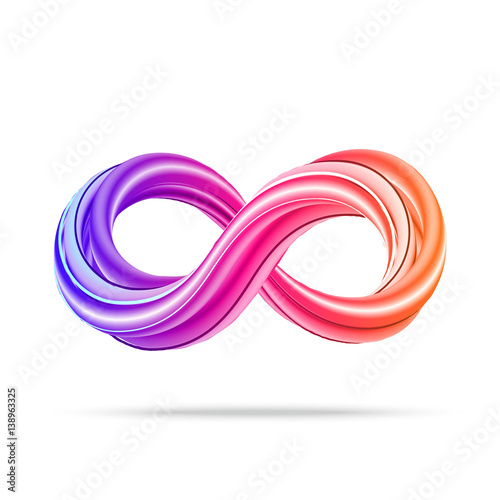 Colorful 3d infinity icon on white background. Abstract math background. Rainbow colored infinity symbol. Vector illustration.