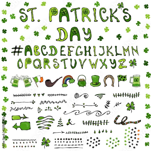 St. Patrick's Day Hand Drawing Full Collectoin Lettering Icons Design Elements. photo
