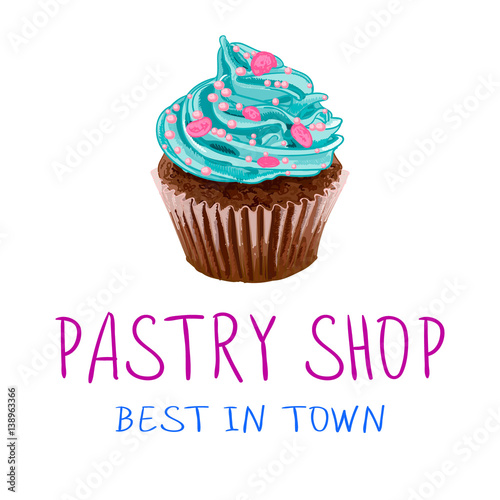 Hand-sketched VECTOR cupcake with light blue cream ans handwritten words   pastry shop - best in town .