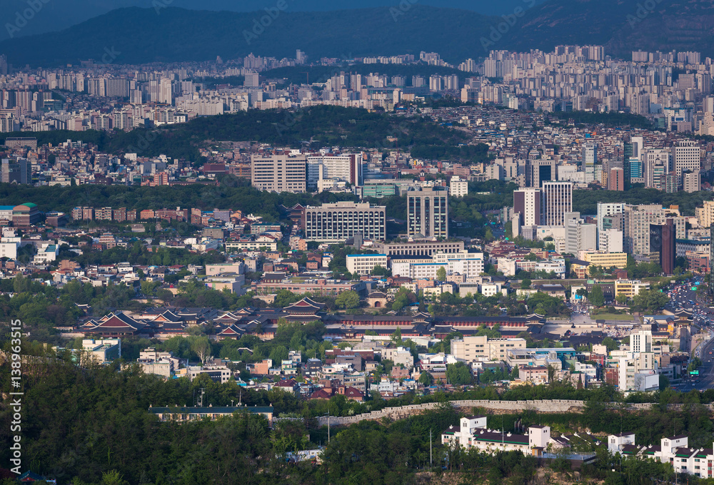 Seoul city with Gyeongbokgung Palace, South Korea.